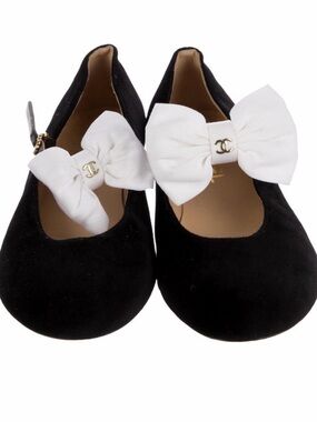 Authentic CHANEL Black Suede Kids Mary Jane Shoes with White Bow